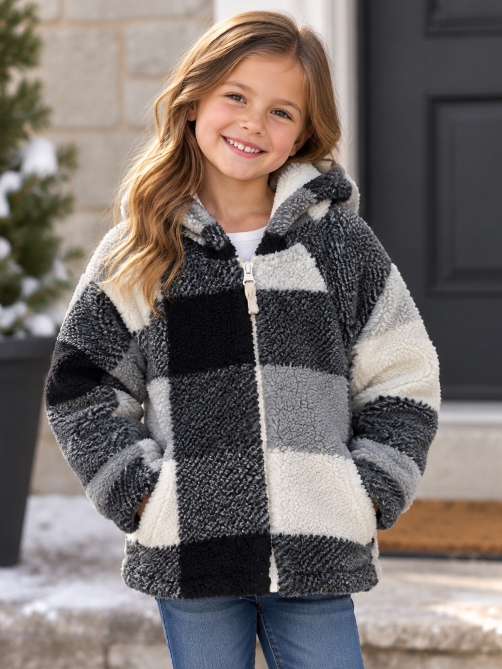 Cat & Jack Kids 6/6X Plaid Sherpa Fleece Jacket – Black & Gray